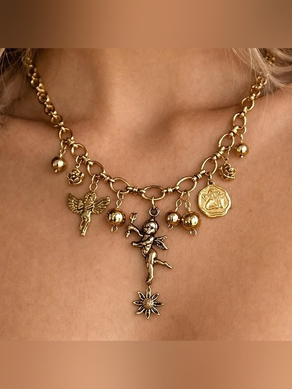 Gold Cherub Angel Charm Necklace Vintage Inspired